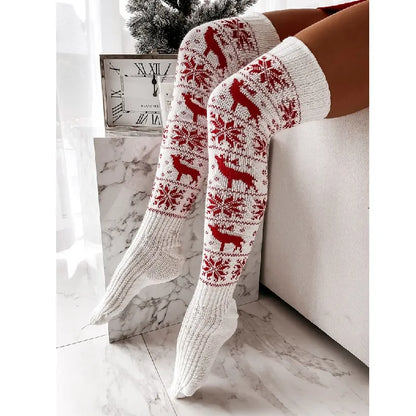 Cozy Reindeer Christmas Knitted Stocking Knee High Socks (Red, White, Gray)