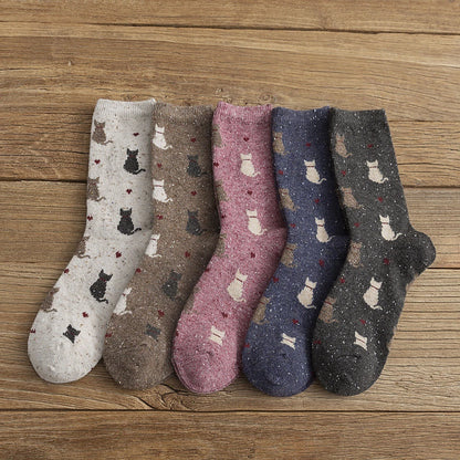 Warm Winter Cute Cat Heart Dots Socks, 1 Pair