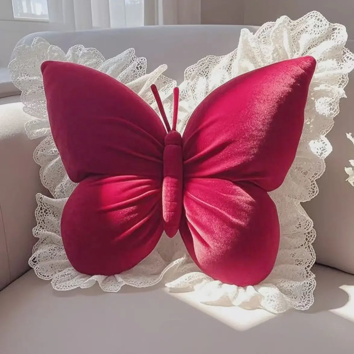 Cute Pink Frill Velvet Butterfly Bow Cushion (Various Colours)