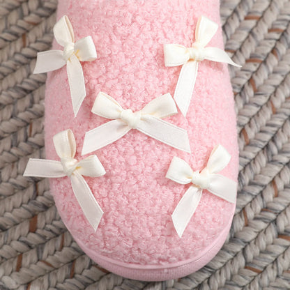 Cosy Pink Bow Plush Cream Slippers