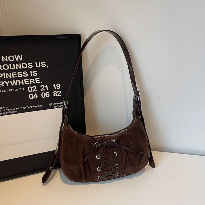 Neutral Brown Underarm Lace Up Shoulder Hand Bag