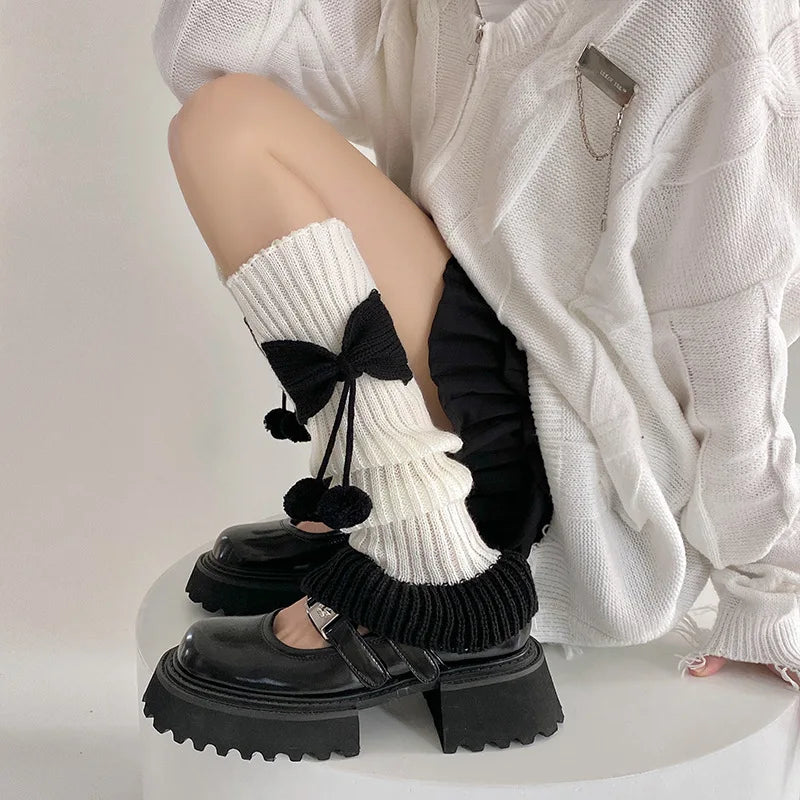 Cozy Cute Bow Pom Pom Leg Warmers