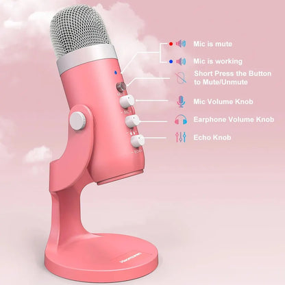 USB Pink Studio Gaming Streaming Podcasting Microphone for PC Mac Computer