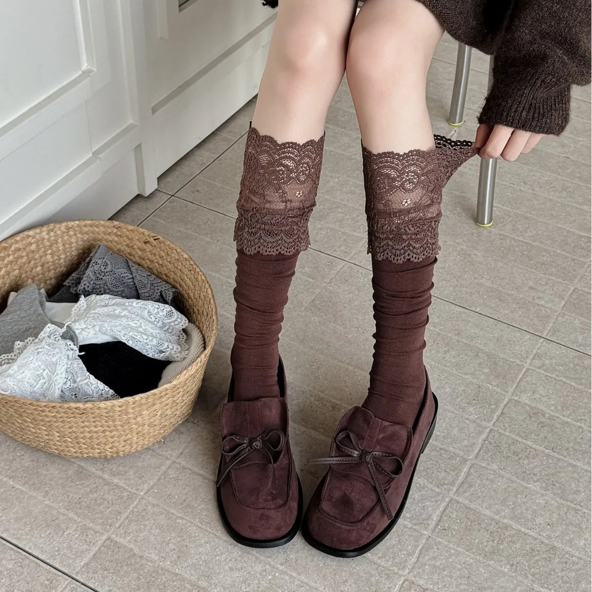 Dark Academia Autumnal Lace Ruffle Calf Socks