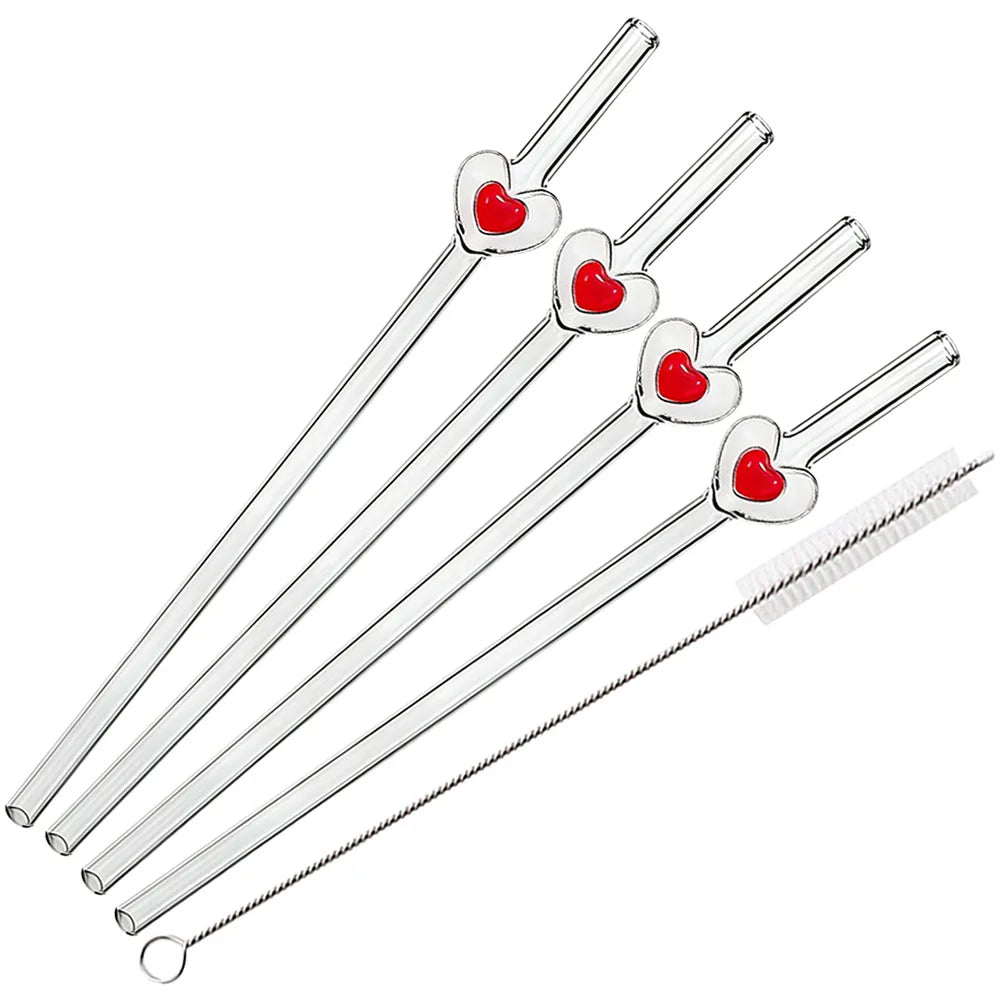 4Pcs Reusable Heart Straws Glass Straws