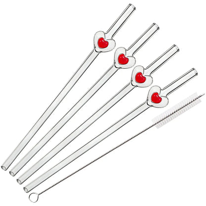 4Pcs Reusable Heart Straws Glass Straws