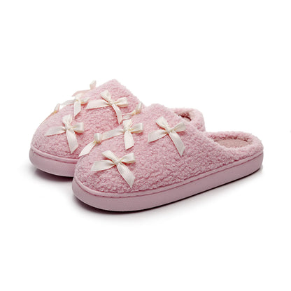Cosy Pink Bow Plush Cream Slippers