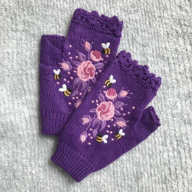 Cozy Floral Half Finger Knitted Gloves