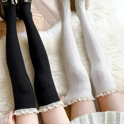 Cute Black or White Frill Long Knee Socks