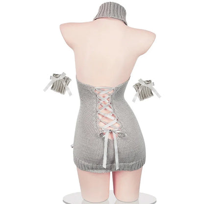 Cozy Anime Grey Turtleneck Knit Halter Dress