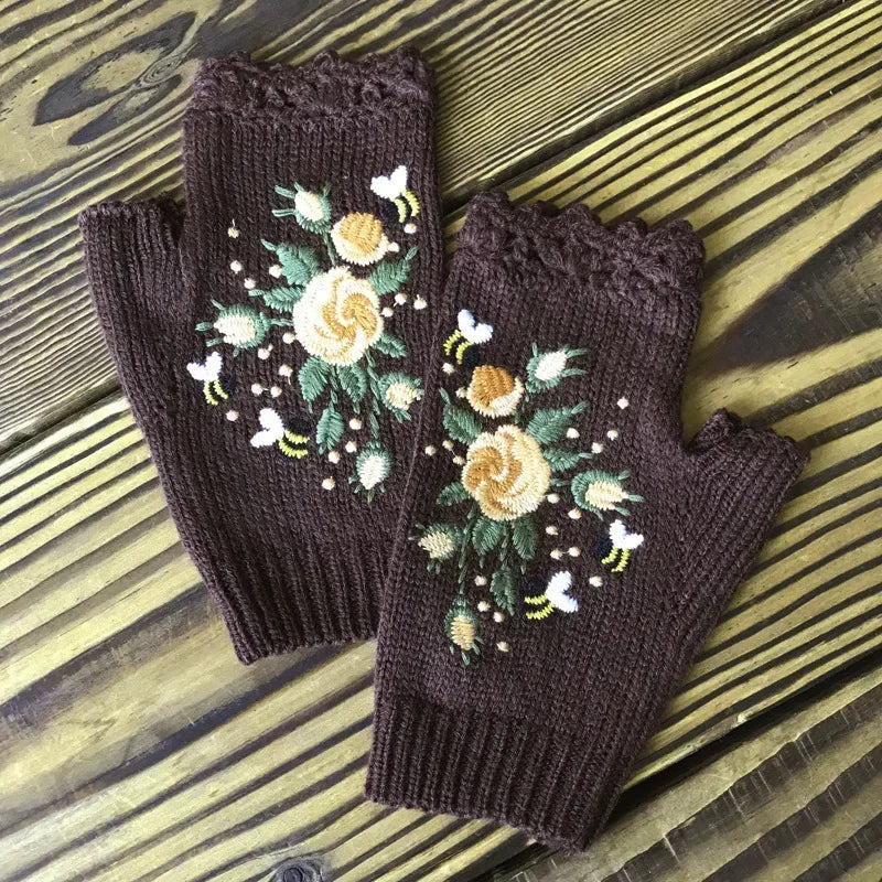 Cozy Floral Half Finger Knitted Gloves