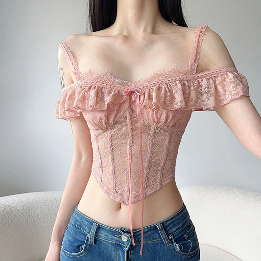 Pink Lace Ruffle Camisole Top