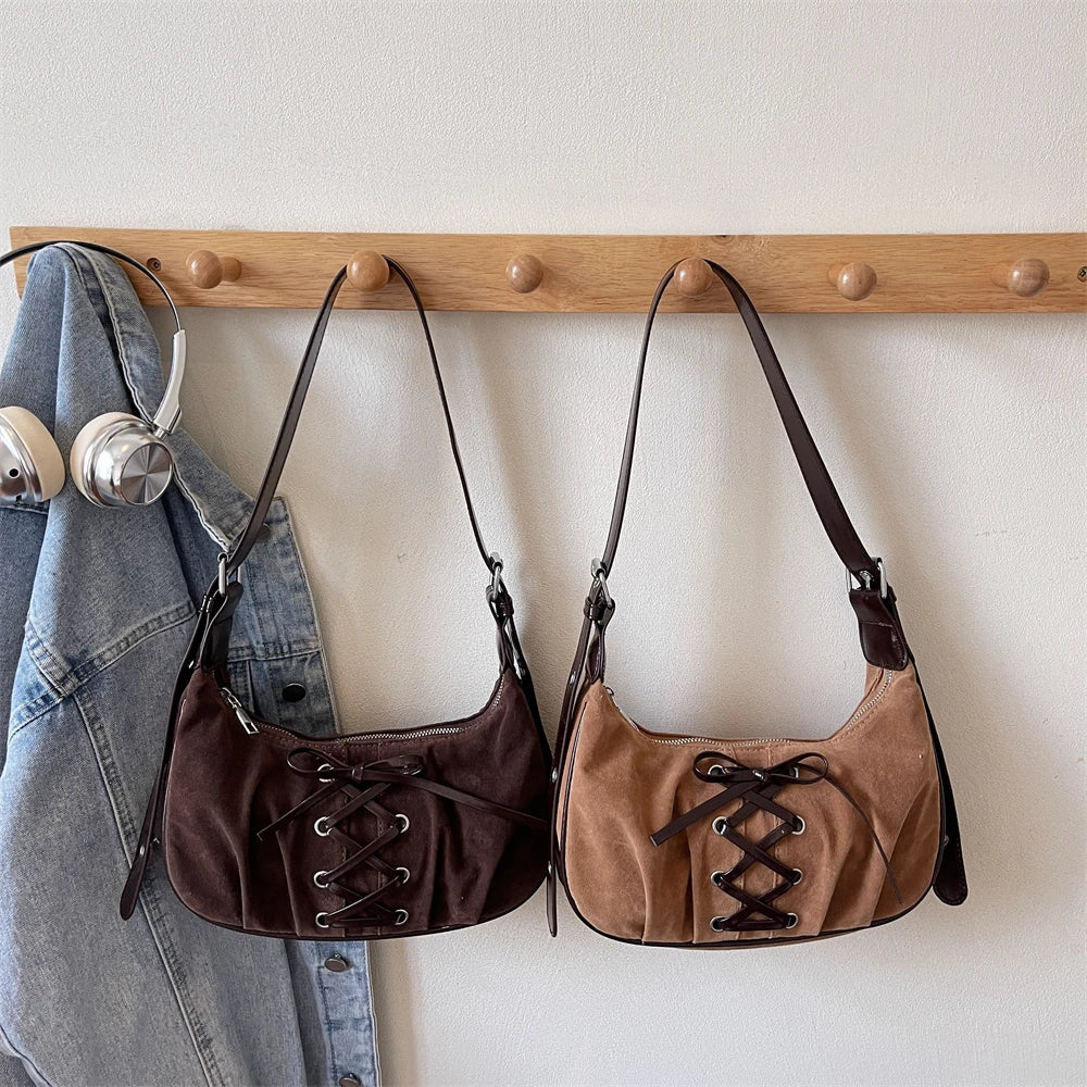 Neutral Brown Underarm Lace Up Shoulder Hand Bag