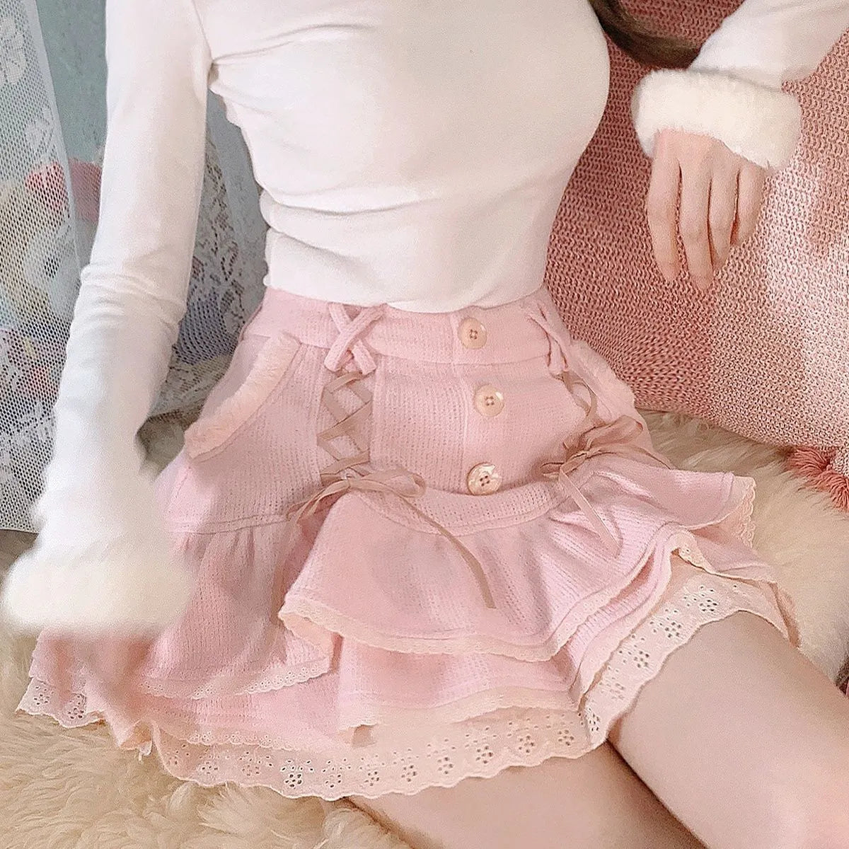 Japanese Kawaii Cute Pink or White Bow Lace Up Mini Skirt