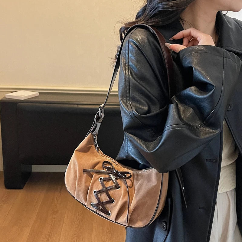 Neutral Brown Underarm Lace Up Shoulder Hand Bag