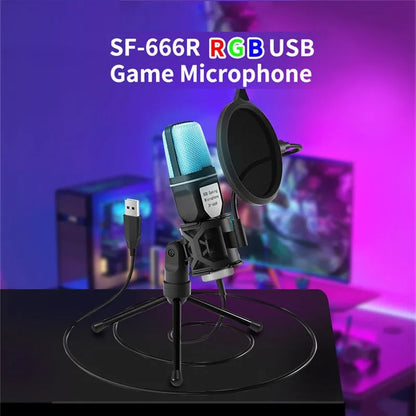 Black USB Microphone RGB for Streaming Laptop, Desktop PC