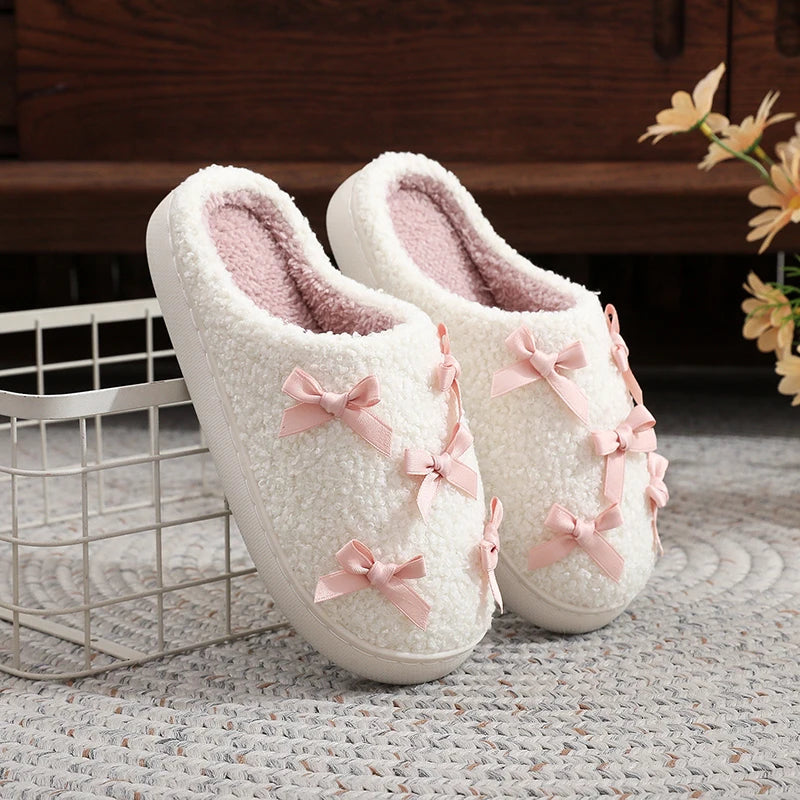 Cosy Pink Bow Plush Cream Slippers