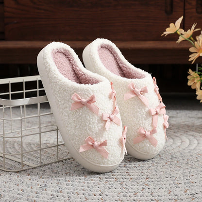 Cosy Pink Bow Plush Cream Slippers