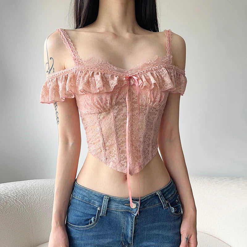 Pink Lace Ruffle Camisole Top