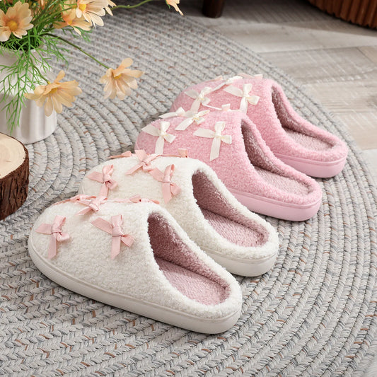 Cosy Pink Bow Plush Cream Slippers