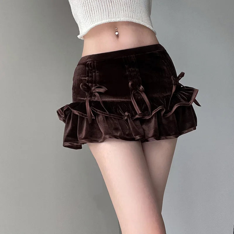 Cozy & Cute Autumn Brown Neutral Cottage Core Bow Mini Skirt