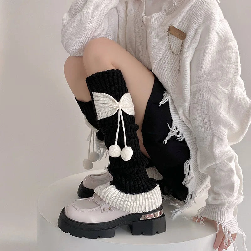 Cozy Cute Bow Pom Pom Leg Warmers