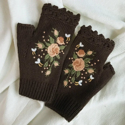 Cozy Floral Half Finger Knitted Gloves