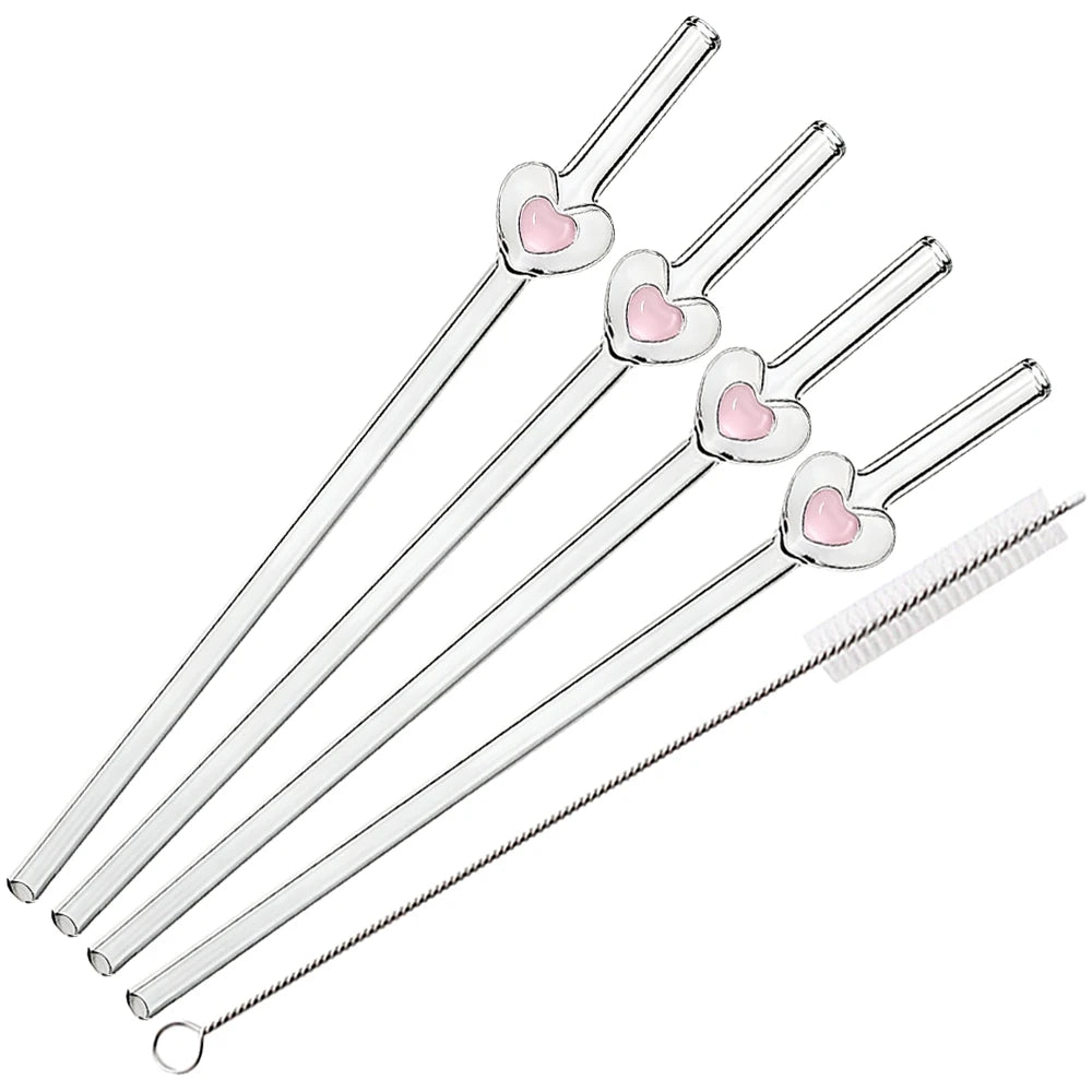 4Pcs Reusable Heart Straws Glass Straws