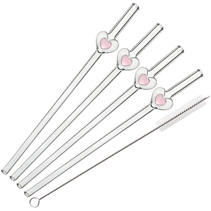 4Pcs Reusable Heart Straws Glass Straws