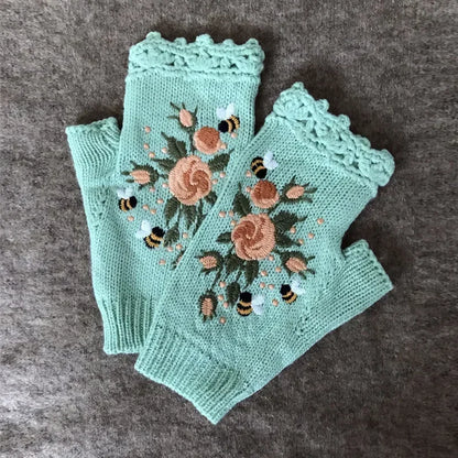 Cozy Floral Half Finger Knitted Gloves