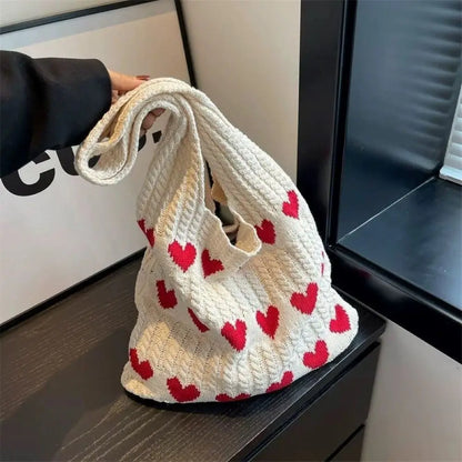 Knitted Heart Shopping Shoulder Bag with Heart Pattern