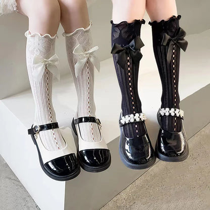 Knee High Lace Bow Stocking Socks in Black or White