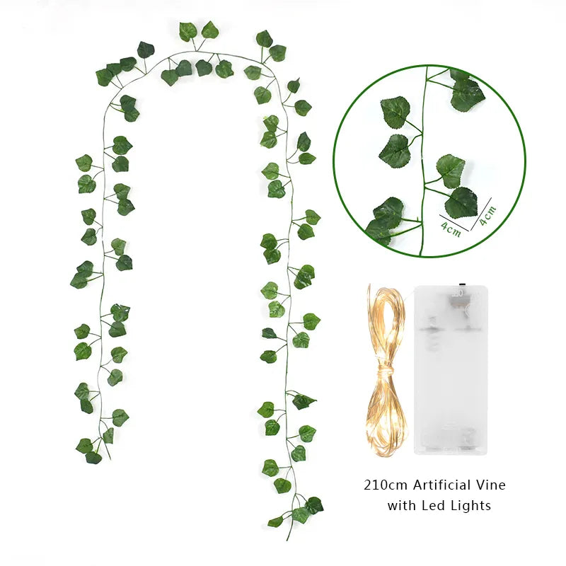 2 Meter Fake Green Leaf Ivy Vine with LED String Lights for Cozy