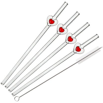 4Pcs Reusable Heart Straws Glass Straws