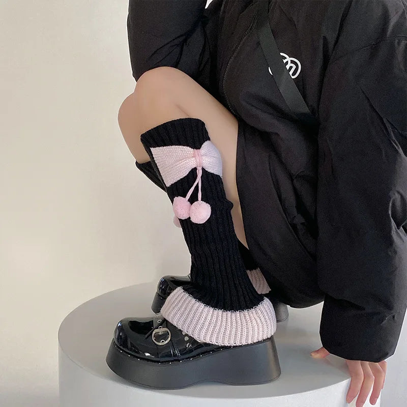 Cozy Cute Bow Pom Pom Leg Warmers