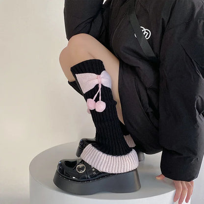 Cozy Cute Bow Pom Pom Leg Warmers