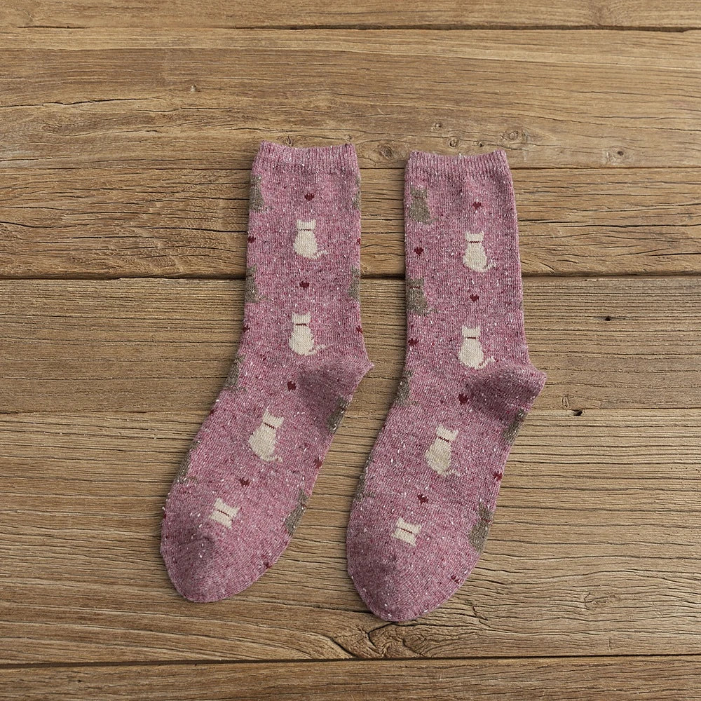 Warm Winter Cute Cat Heart Dots Socks, 1 Pair