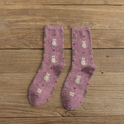 Warm Winter Cute Cat Heart Dots Socks, 1 Pair
