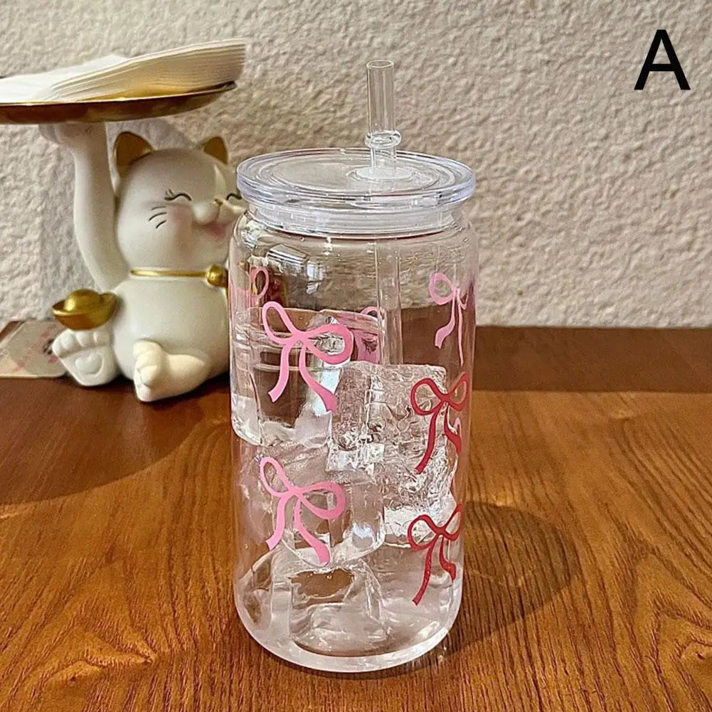 Pink Bow Plastic Iced Coffee Drinks Cup With Lid & Straw