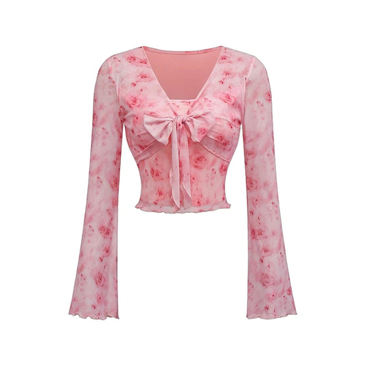 Pink Bow Floral Long Sleeved Top