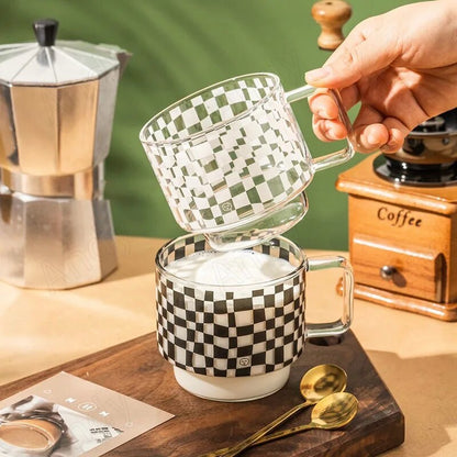 Black and White Checkerboard Glass Coffee Cup Tea Mug