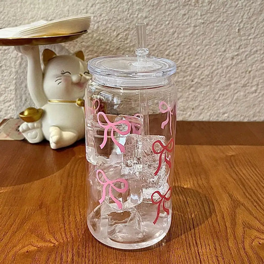 Pink Bow Plastic Iced Coffee Drinks Cup With Lid & Straw