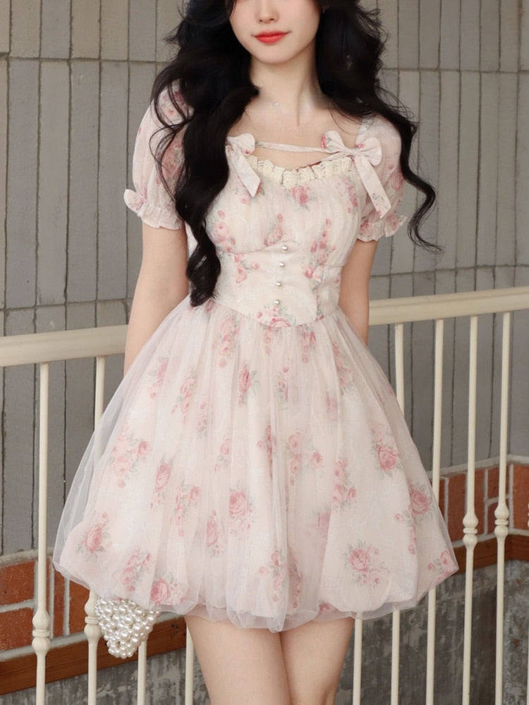 Pink Floral Korean Fashion Mini Dress