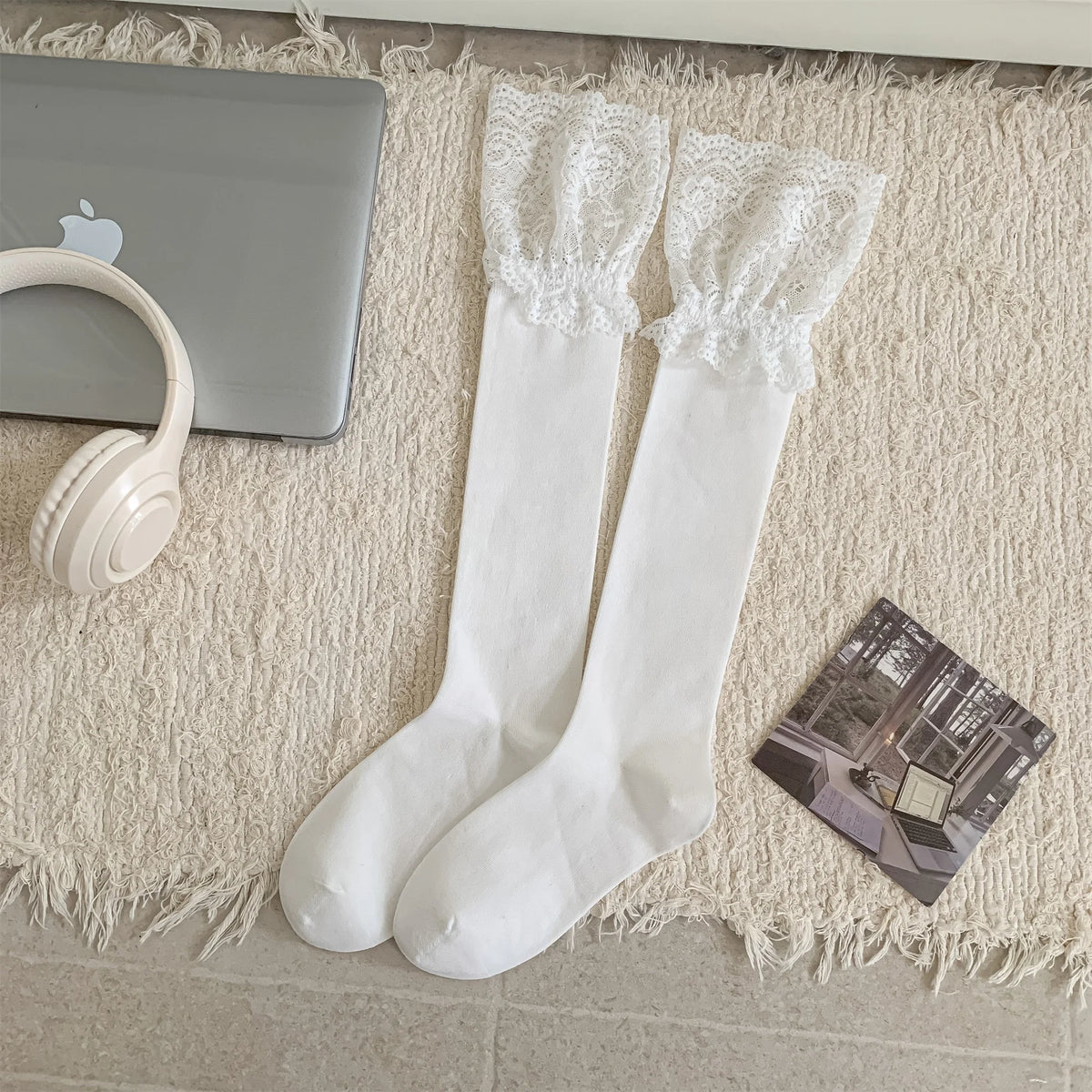 Dark Academia Autumnal Lace Ruffle Calf Socks