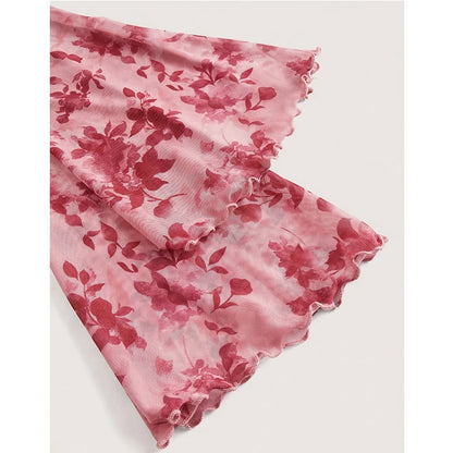 Cute Floral Printed V-Neck Mesh Whimsical Flare Top