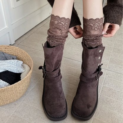Dark Academia Autumnal Lace Ruffle Calf Socks