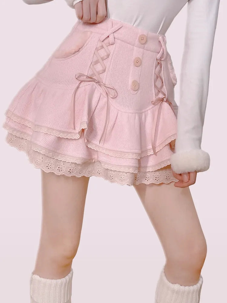 Japanese Kawaii Cute Pink or White Bow Lace Up Mini Skirt