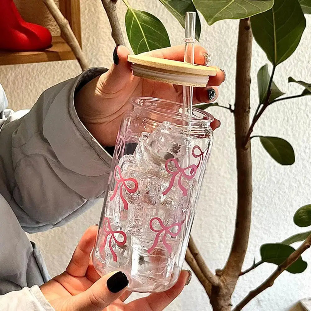 Pink Bow Plastic Iced Coffee Drinks Cup With Lid & Straw