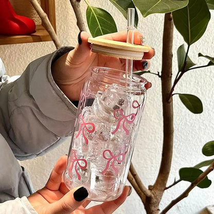 Pink Bow Plastic Iced Coffee Drinks Cup With Lid & Straw