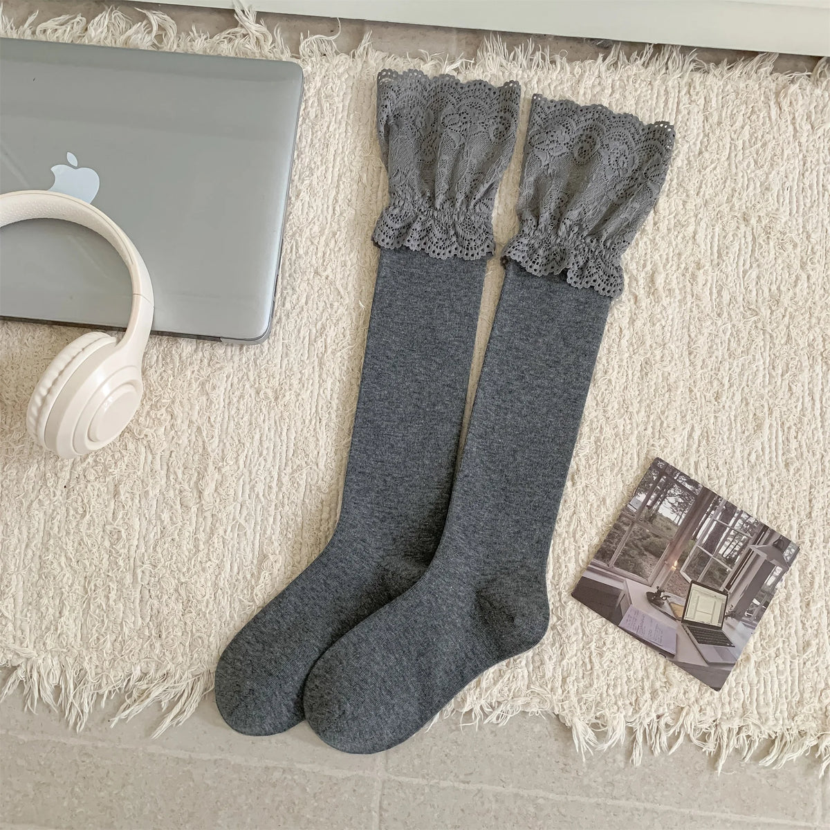 Dark Academia Autumnal Lace Ruffle Calf Socks